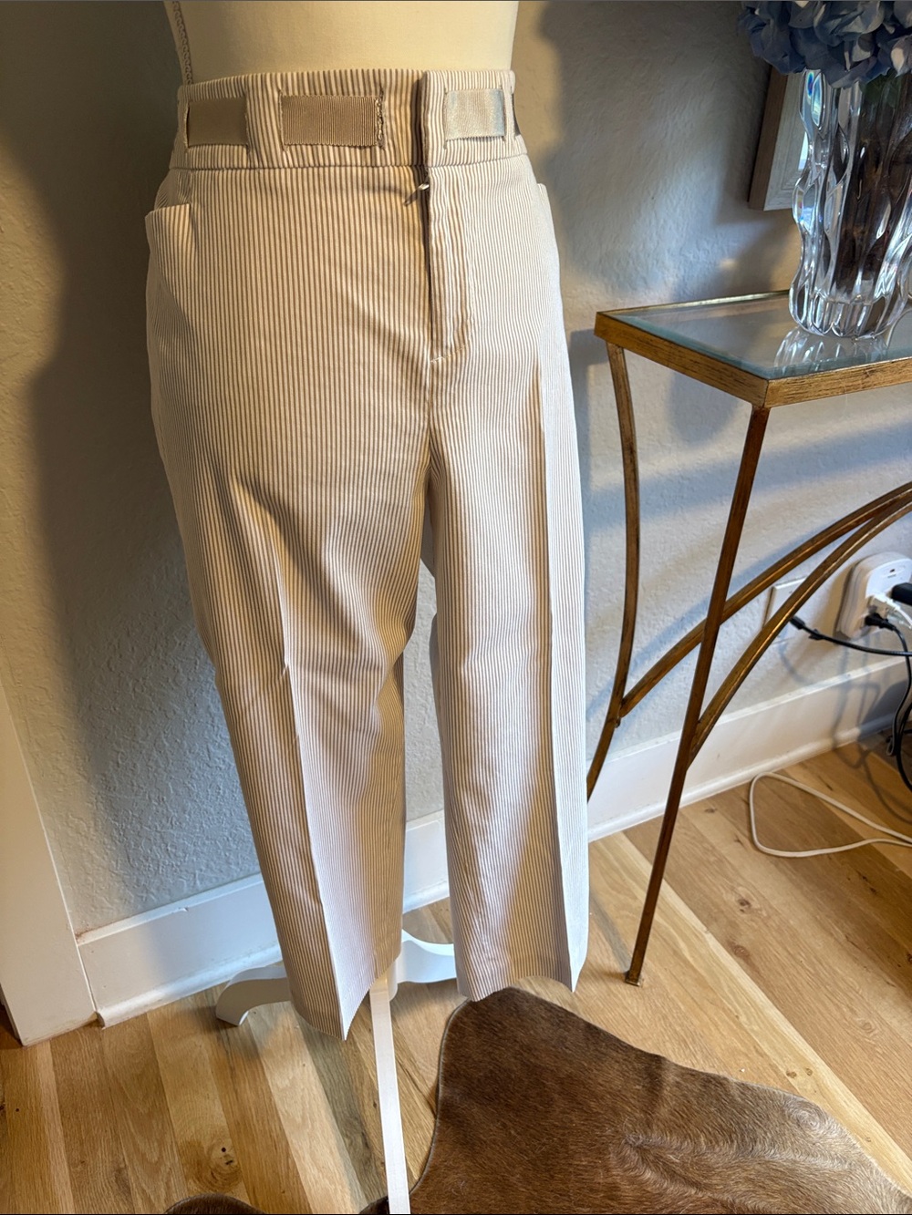 Tailored women’s lightweight Beige Pinstripe Dress Pants with ribbon waistband